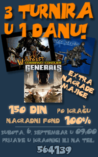 Turnir u igrama: Counter Strike, Generals, Warcraft Roc! Subota, 6. septembar u 09:00h. Pritisnite ovde za detaljna objasnjenja.